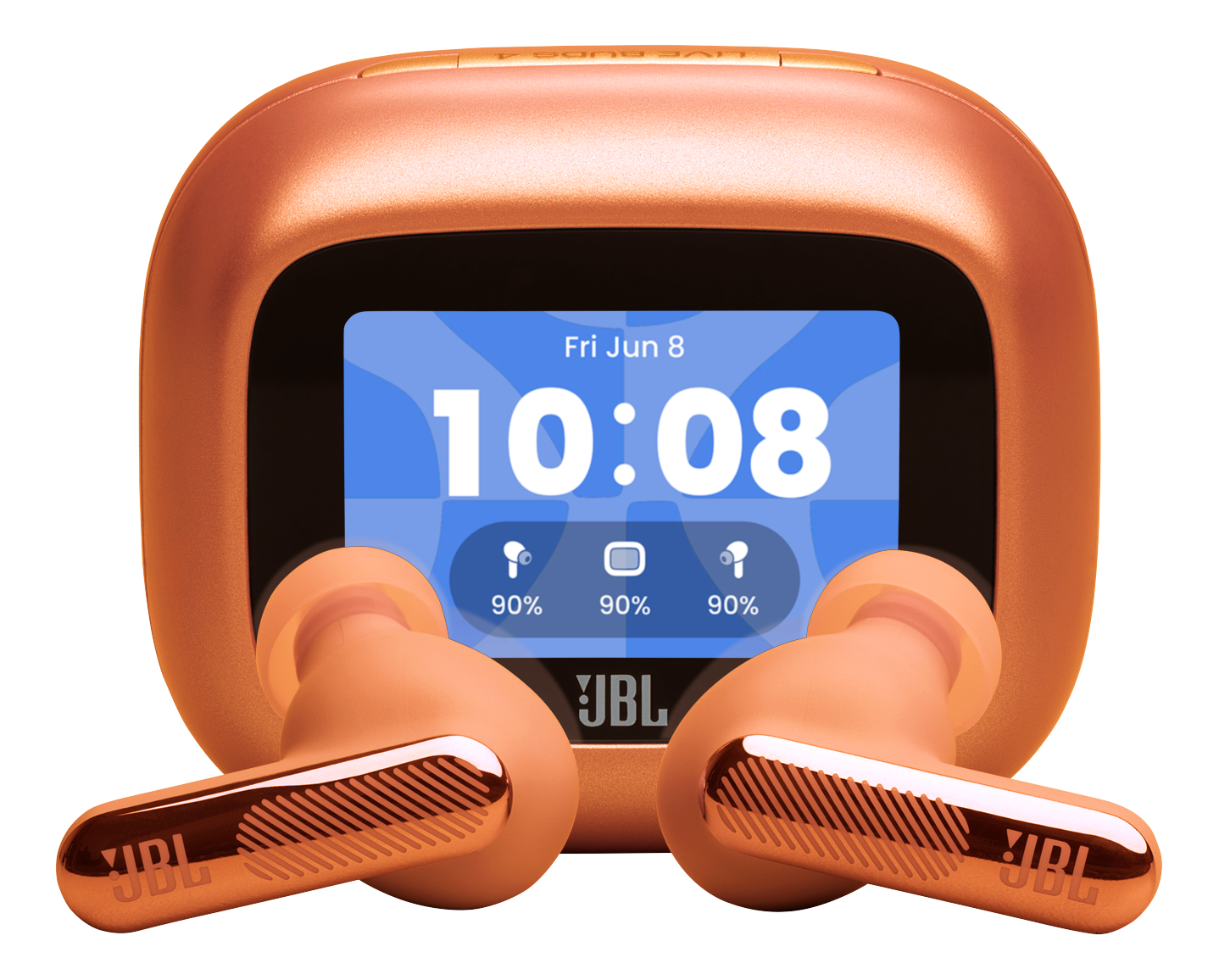Auricolari JBL arancioni e custodia di ricarica con ora e livello batteria.