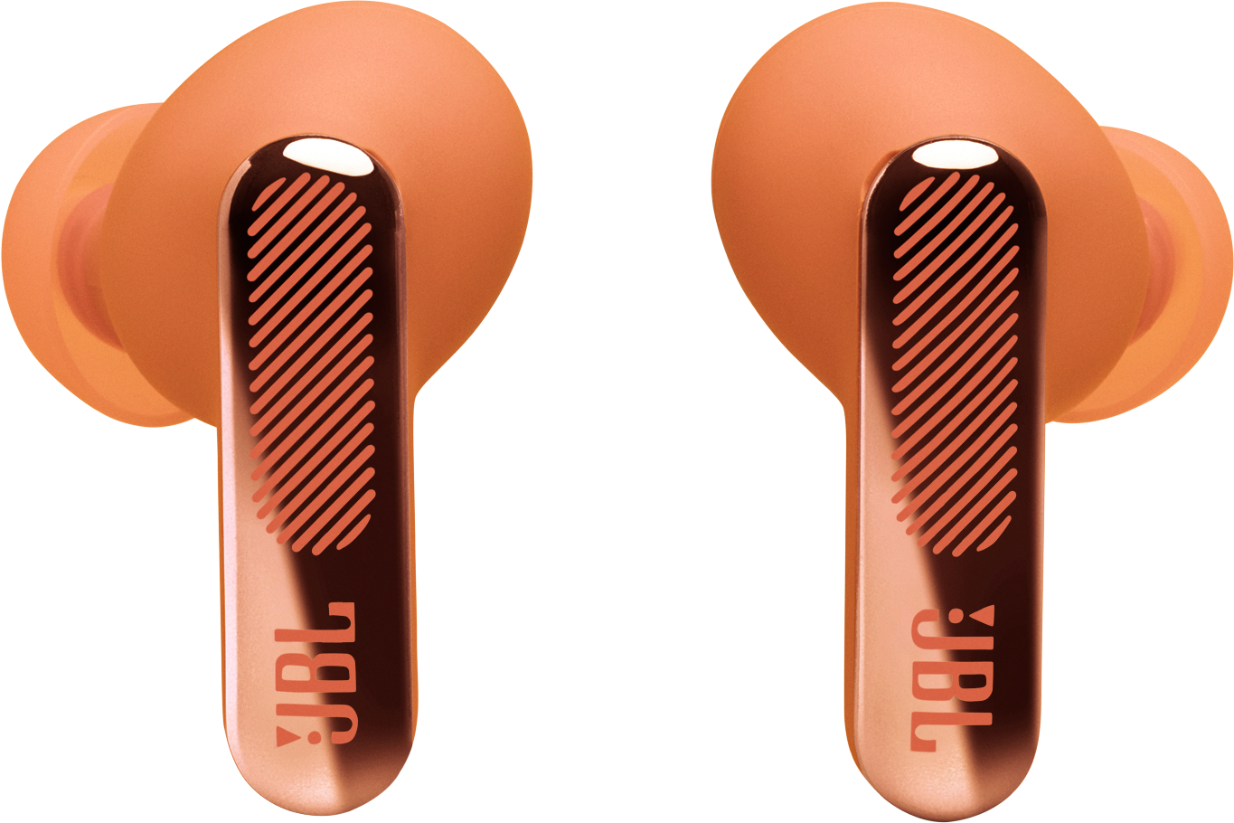 Due auricolari JBL arancioni con accenti neri su sfondo nero.