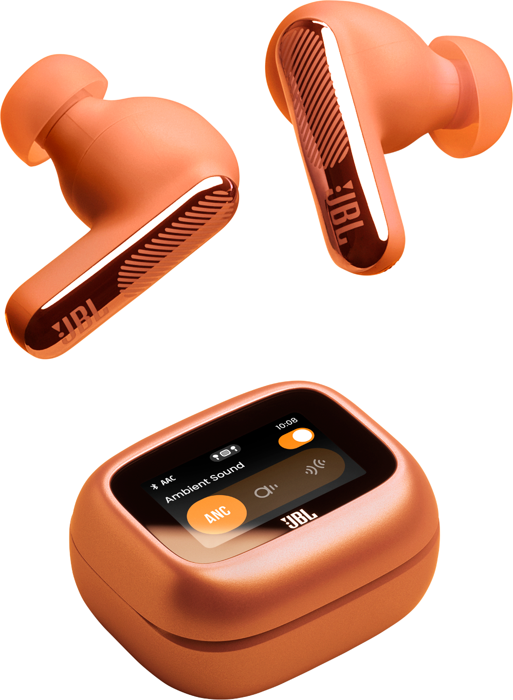 Auricolari JBL arancioni e custodia di ricarica con display.