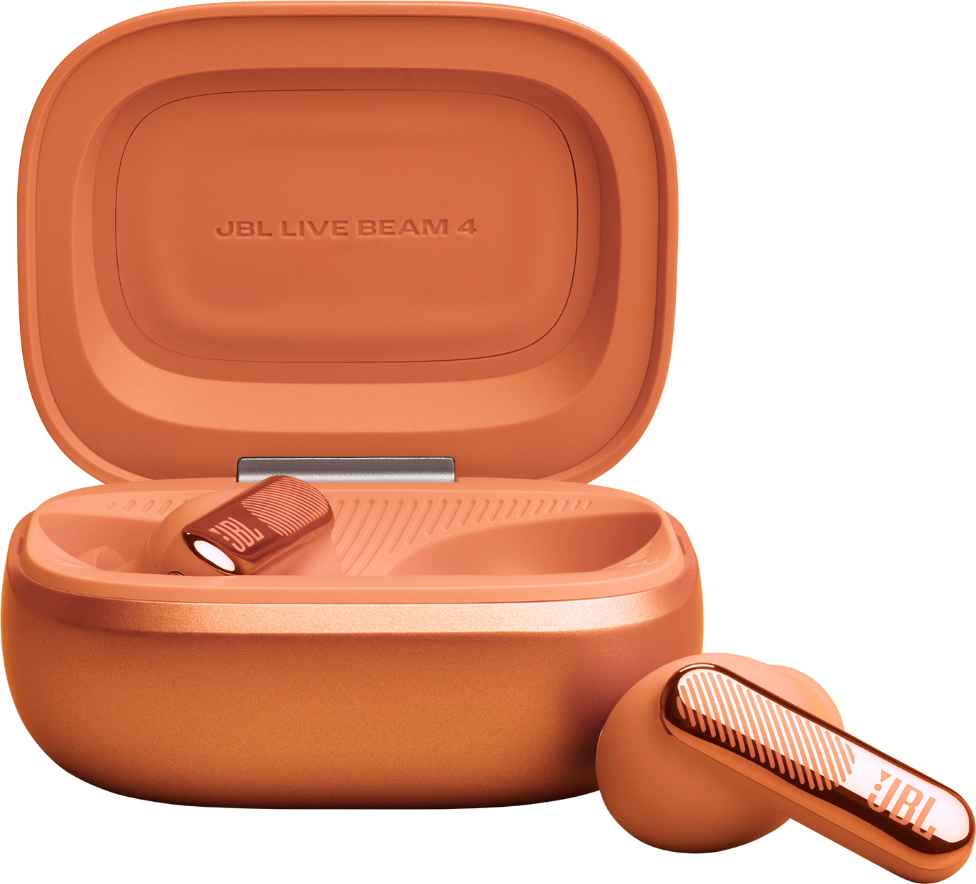 Auricolari JBL arancioni con custodia di ricarica. Uno nel case, uno accanto.