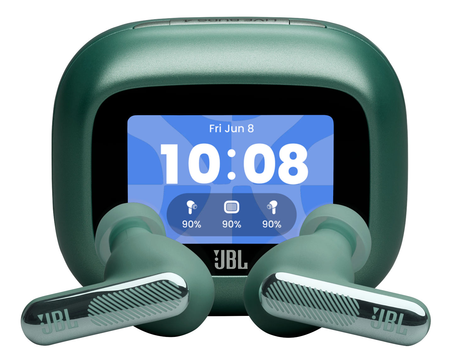 Auricolari e custodia JBL verdi mostrano 10:08 e batteria al 90%.