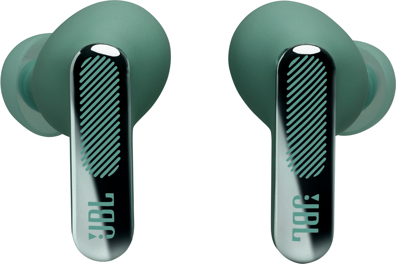 Due auricolari JBL verdi con motivo a strisce e stelo argentato su sfondo nero.