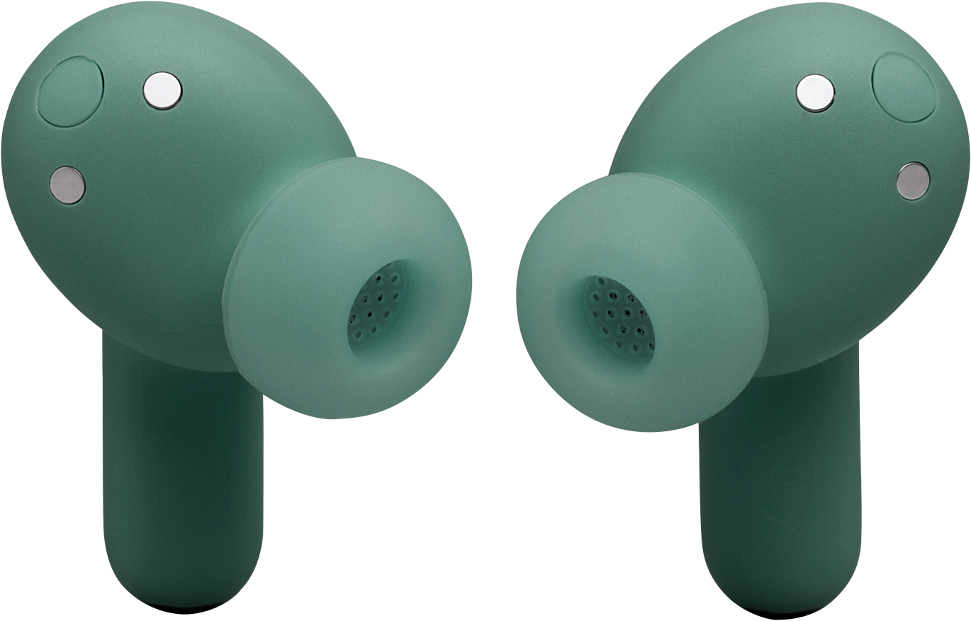 Due auricolari wireless verde acqua con contatti di ricarica.