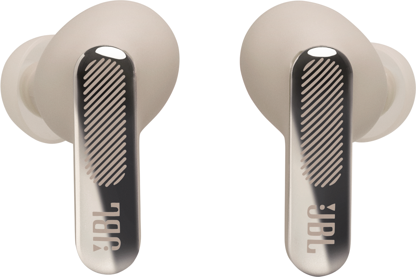 Due auricolari wireless beige con logo JBL, su sfondo nero.