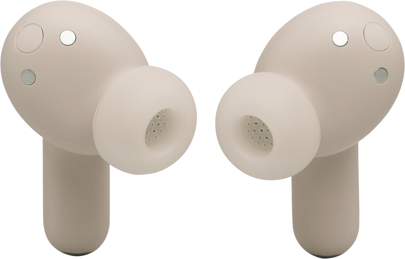 Due auricolari wireless color chiaro su sfondo nero.