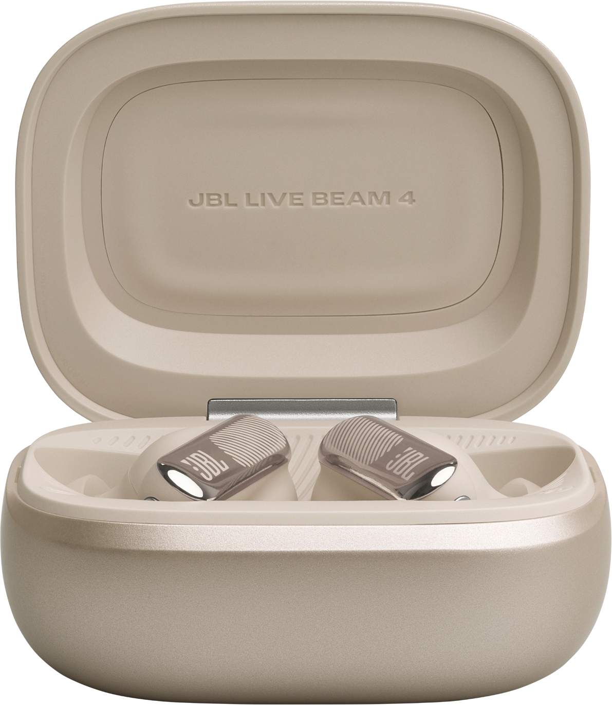 Auricolari beige JBL Live Beam 4 in custodia di ricarica aperta con logo JBL illuminato.