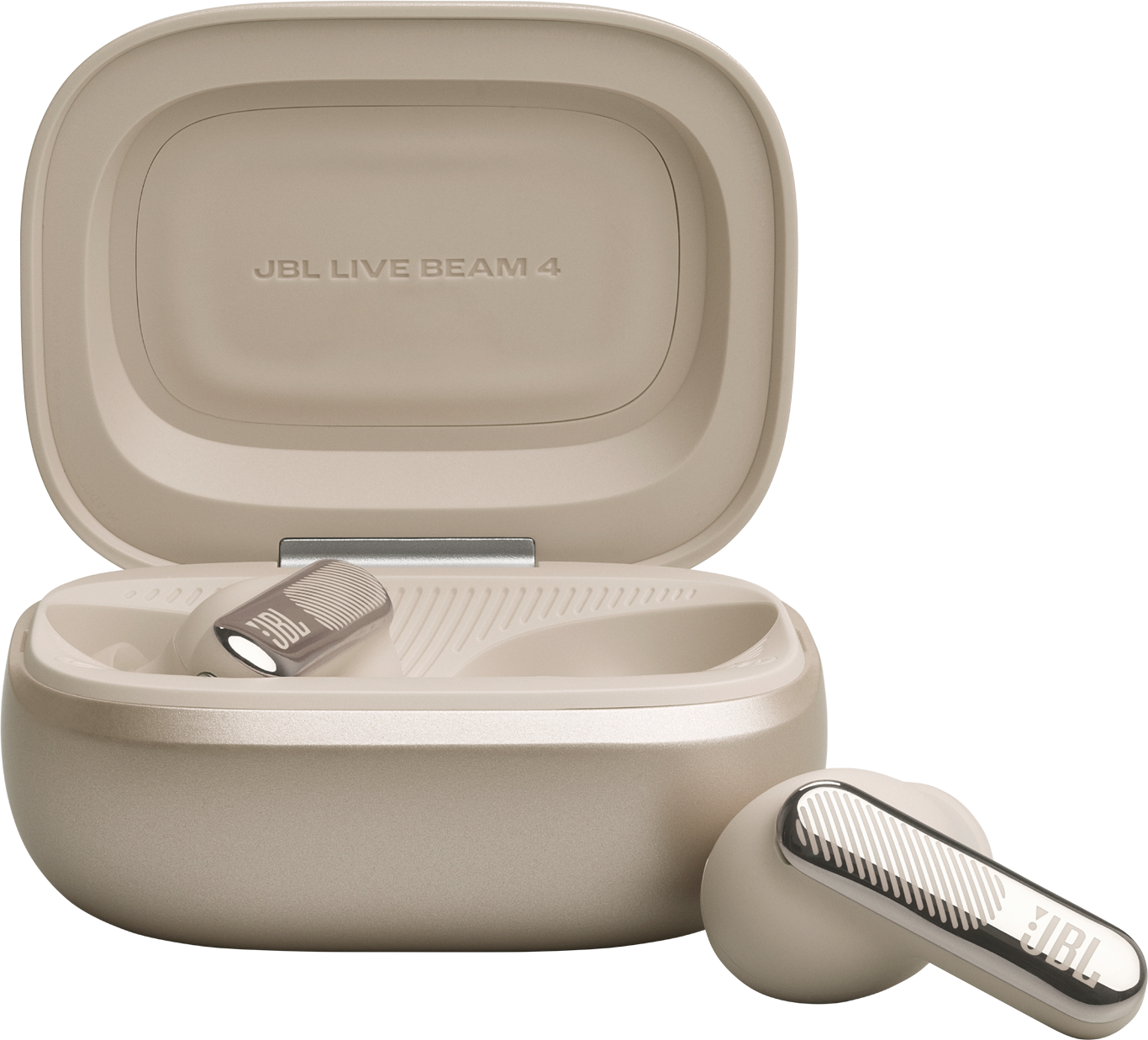 Auricolari JBL Live Beam 4 beige con accenti argentati, uno nella custodia di ricarica aperta, l'altro all'esterno.