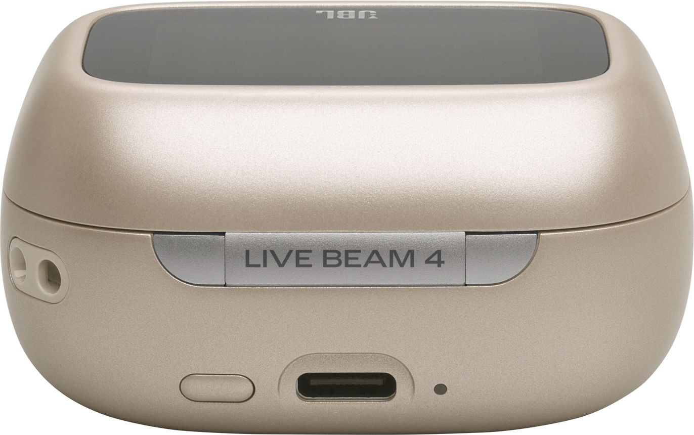 Custodia beige per auricolari con logo JBL argentato e scritta "LIVE BEAM 4".