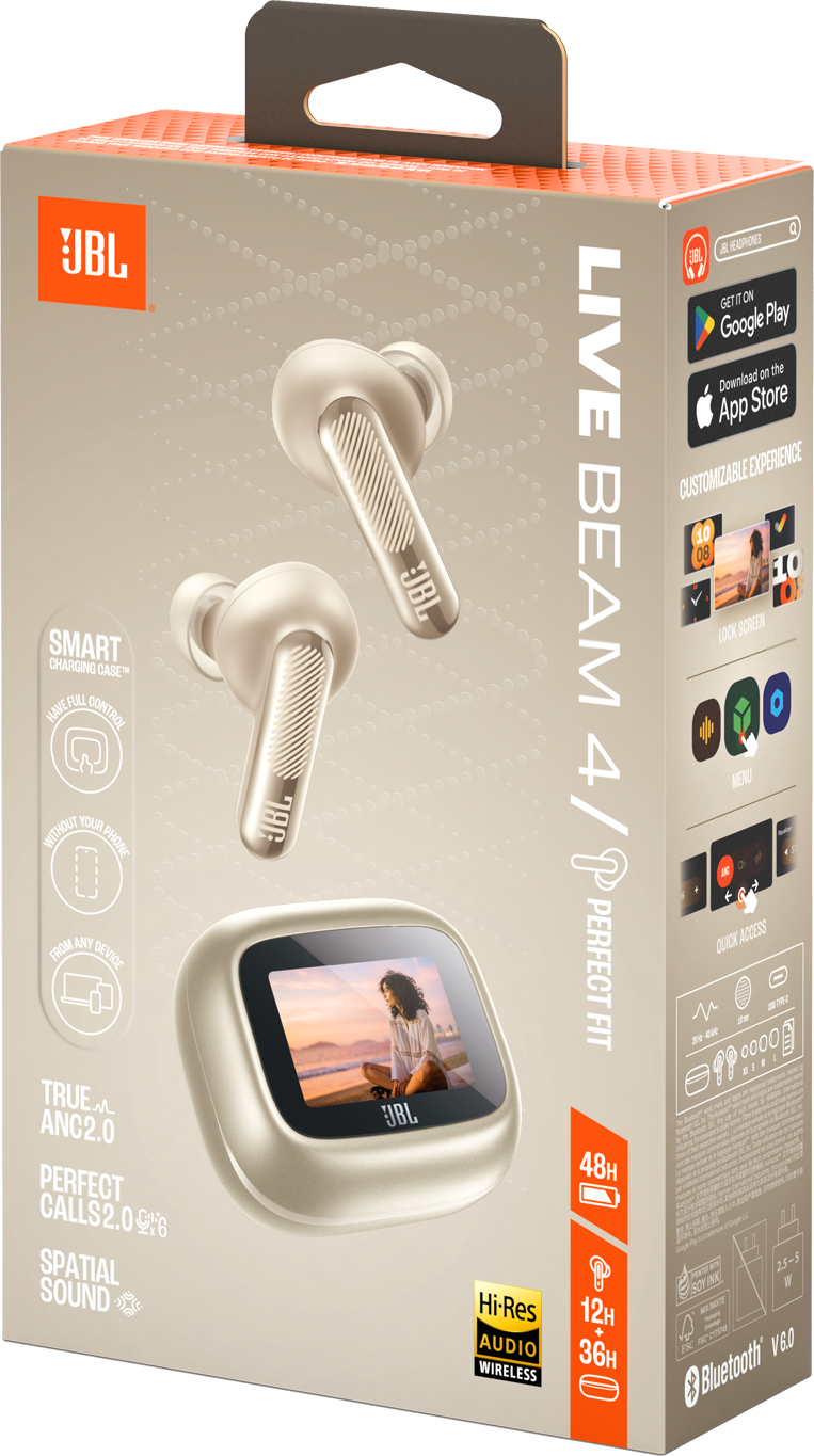Auricolari JBL Live Beam 4/P con custodia di ricarica che mostra una donna sulla spiaggia.