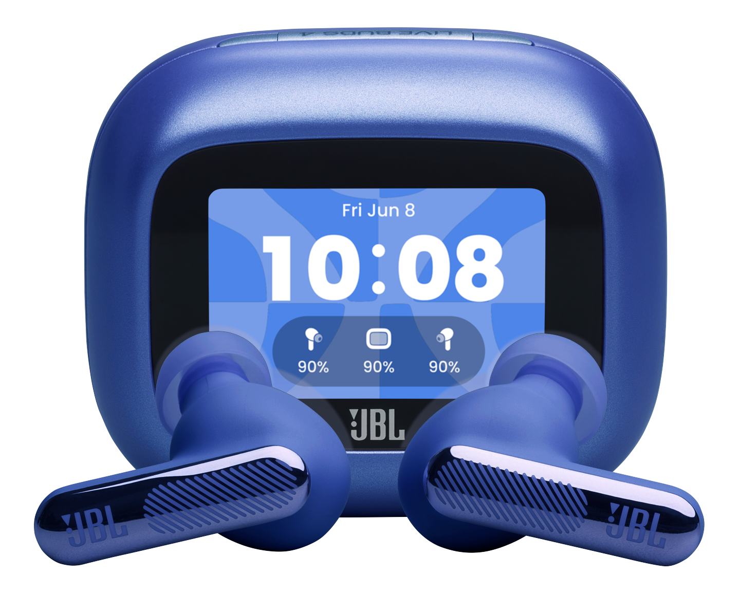 Auricolari blu davanti a una custodia di ricarica blu con orologio digitale.