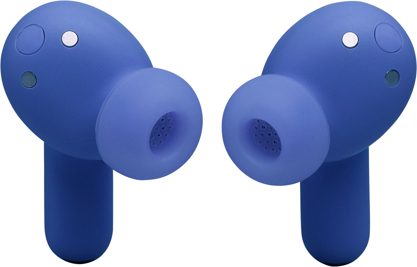 Due auricolari blu fianco a fianco su sfondo nero, vista ravvicinata.
