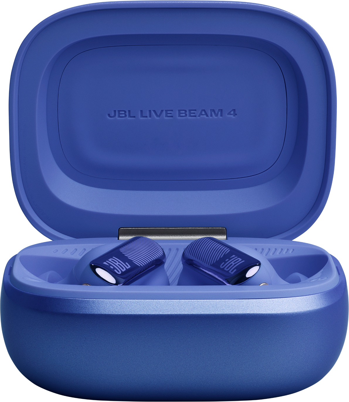 Auricolari JBL Live Beam 4 blu in custodia di ricarica. Logo JBL.
