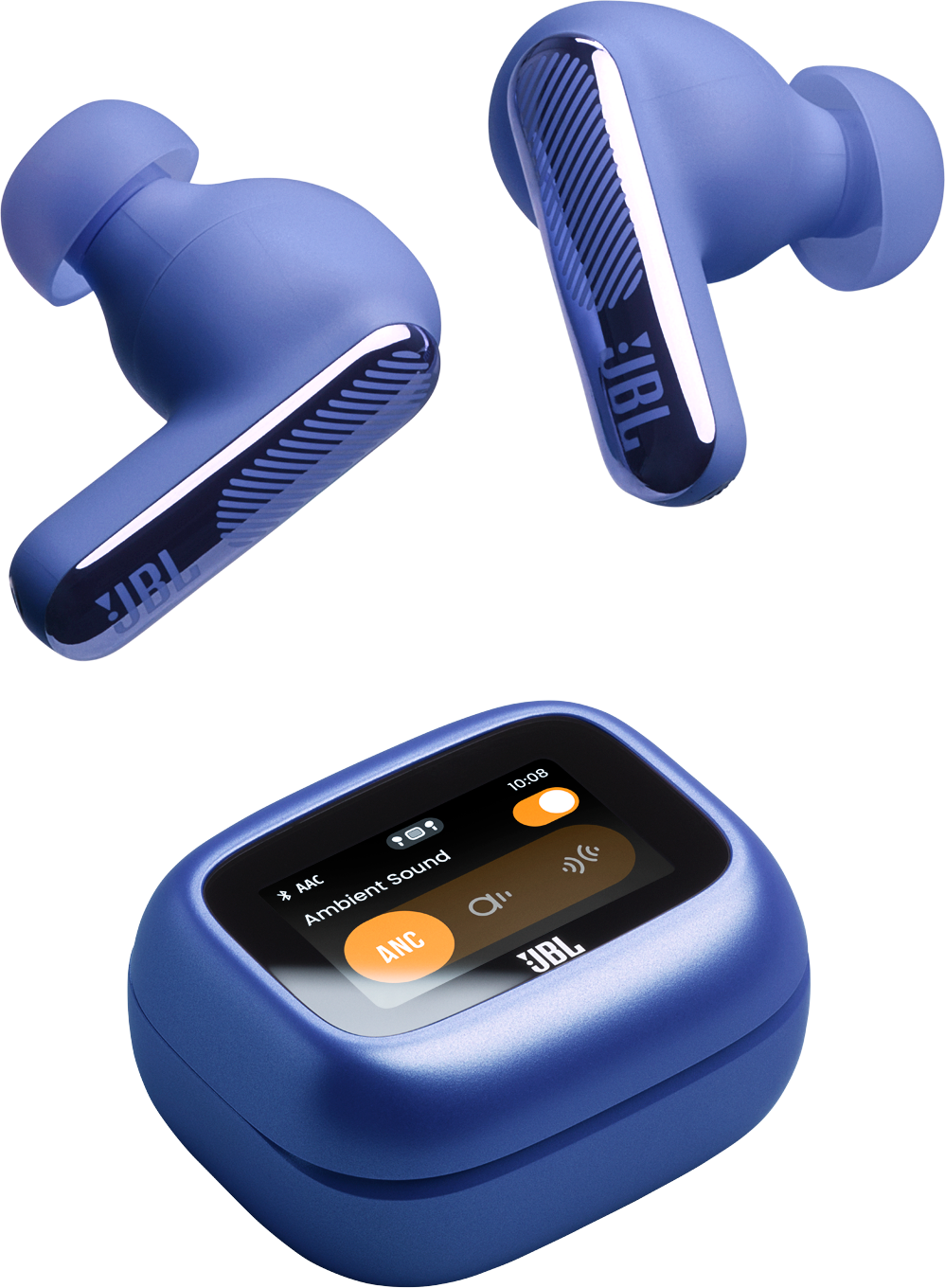 Auricolari JBL blu e custodia di ricarica con display touchscreen.