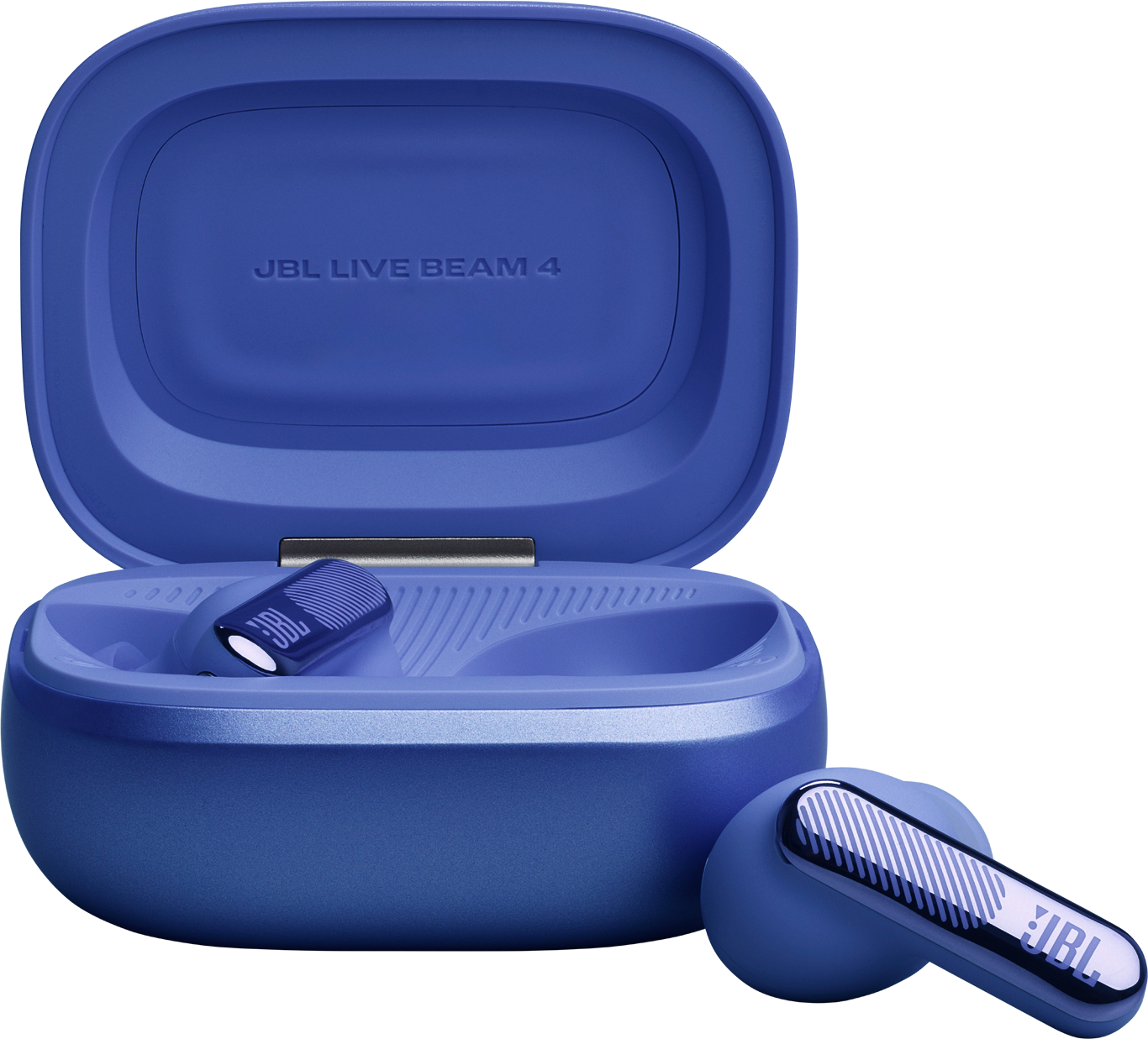 Auricolari wireless blu con custodia di ricarica. Un auricolare nella custodia, uno accanto.
