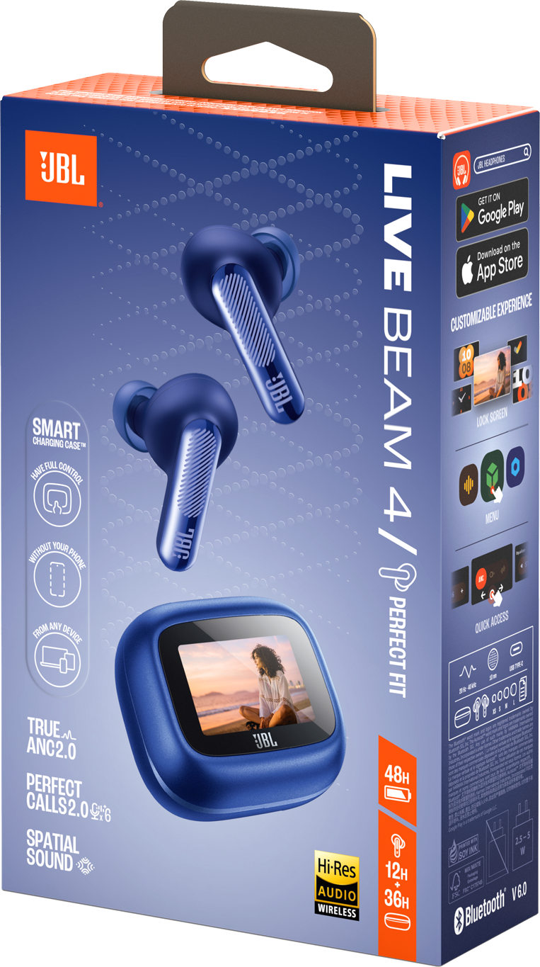 Confezione auricolari JBL Live Beam 4/P con auricolari blu e custodia di ricarica.