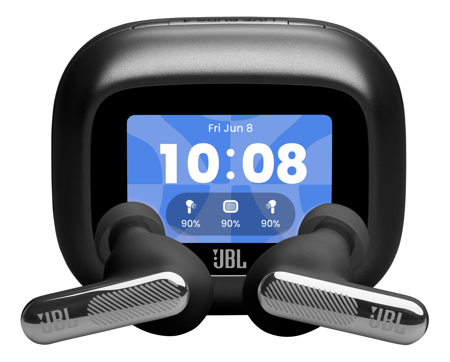 Custodia JBL nera mostra ora 10:08 con due auricolari al 90%.
