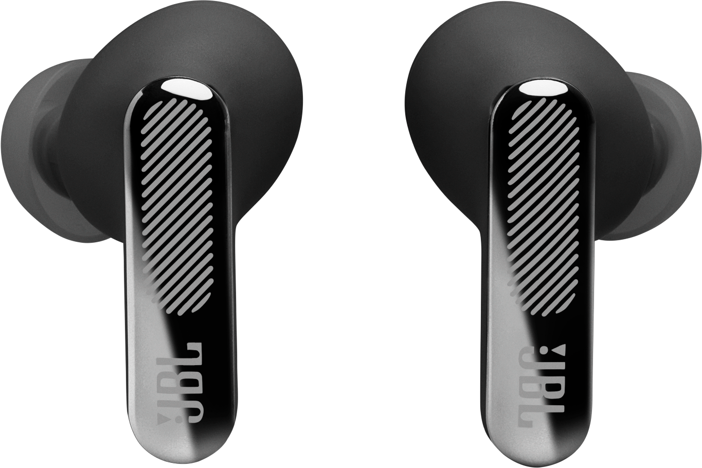 Un paio di auricolari wireless neri con accenti argentati e logo JBL.