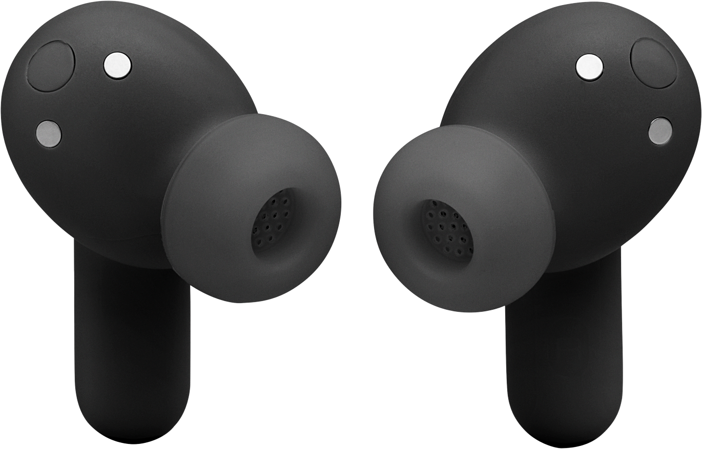 Due auricolari wireless neri con accenti argentati e griglie.