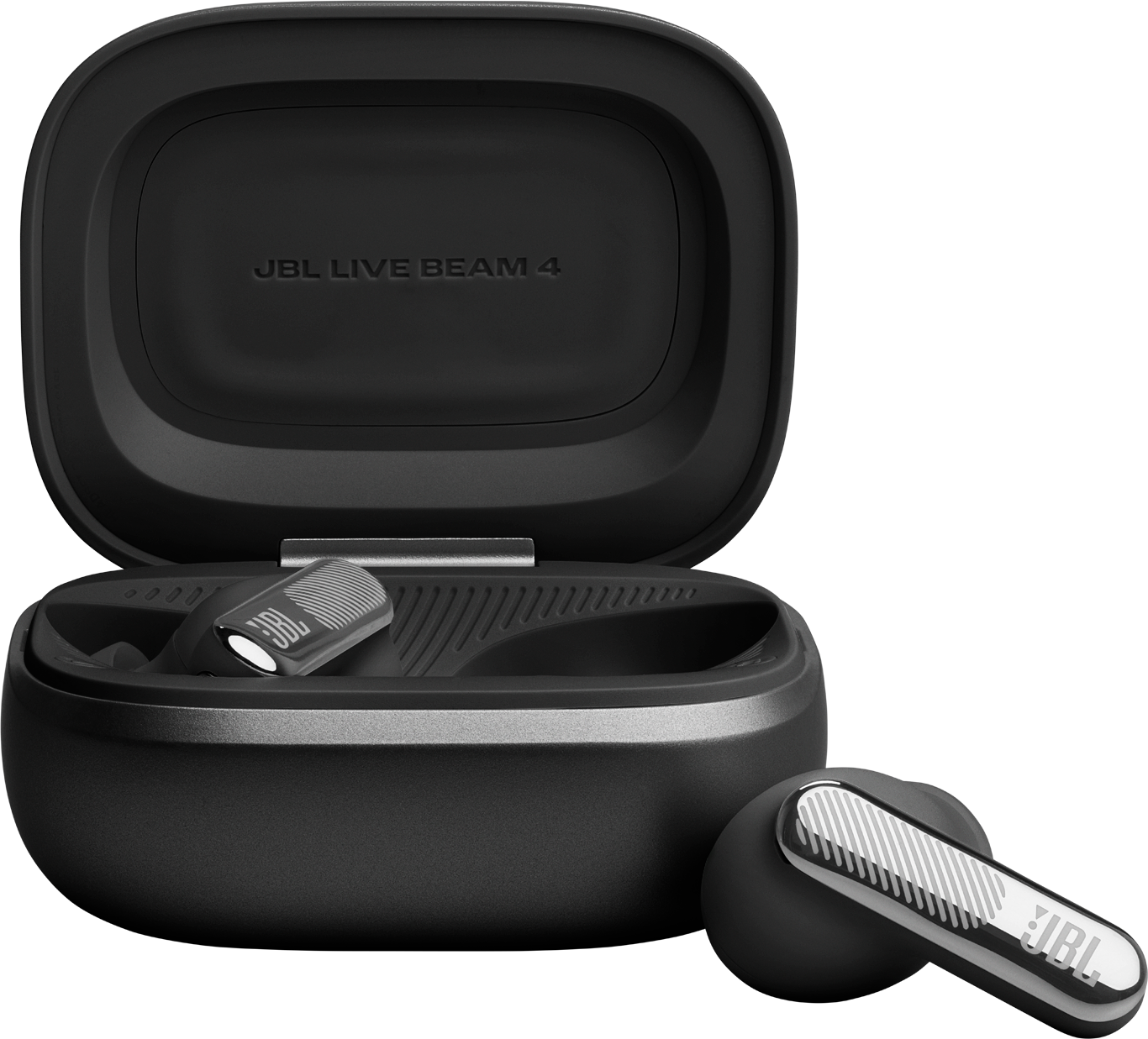 Custodia nera per auricolari JBL con coperchio aperto, che mostra due auricolari all'interno e uno all'esterno.