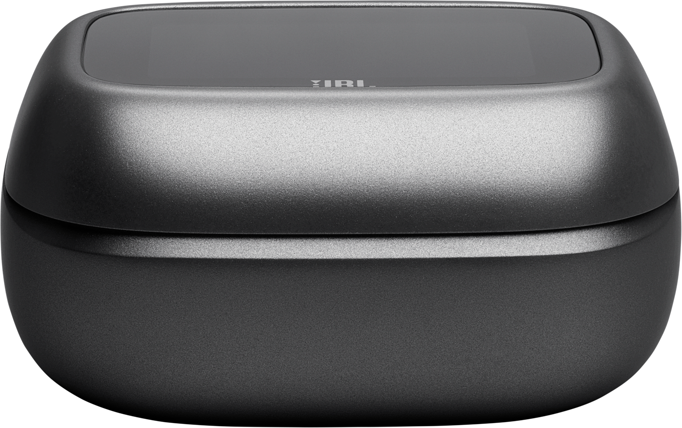 Custodia grigia arrotondata con parte superiore nera a specchio e logo JBL.