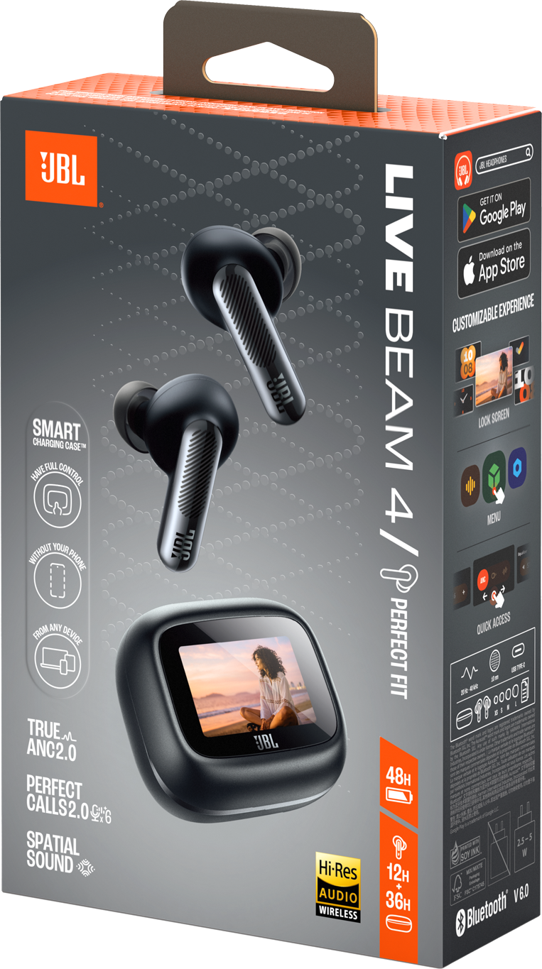 Scatola cuffie JBL Live Beam 4 con immagine di donna su spiaggia su custodia di ricarica.