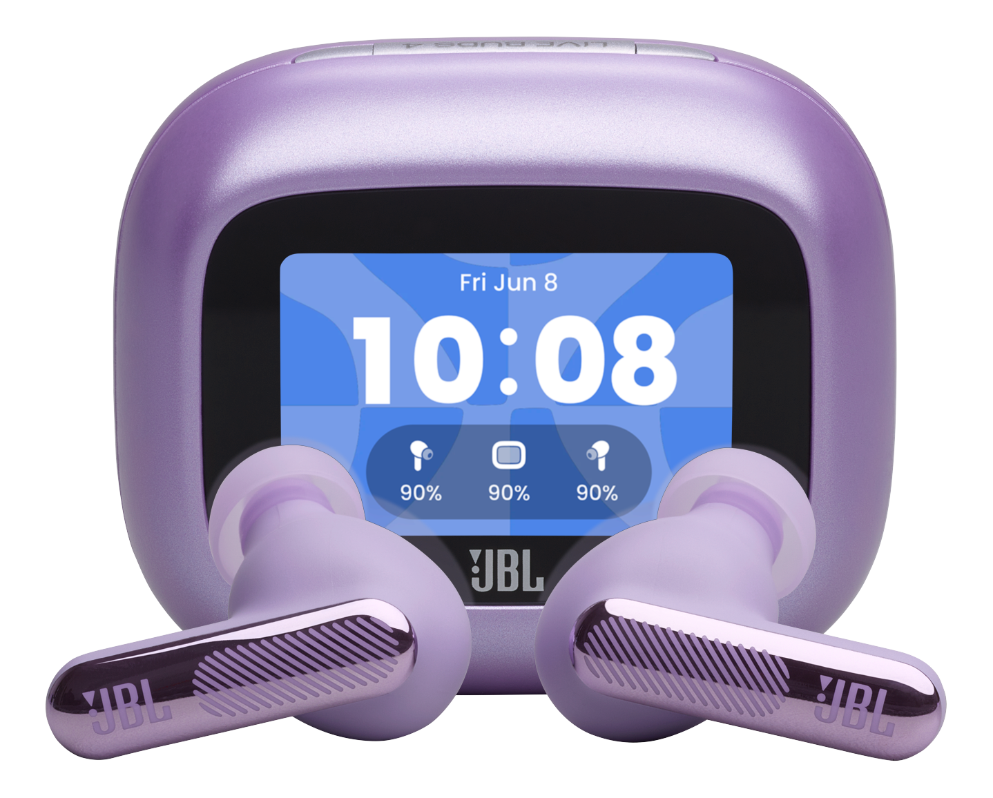 Auricolari JBL viola con custodia di ricarica che mostra ora e livelli batteria.