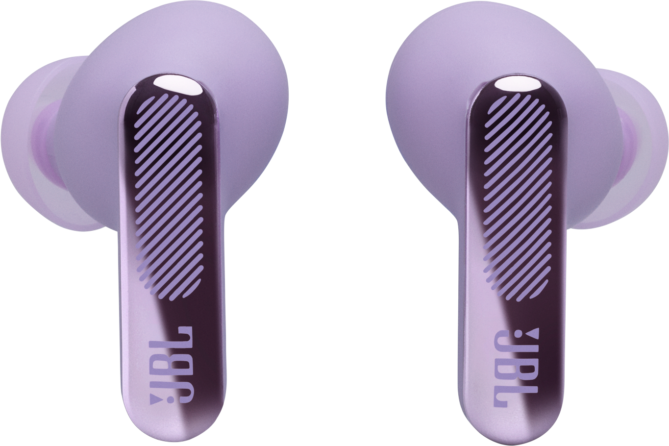 Due auricolari JBL viola con motivo a righe e punte arrotondate.
