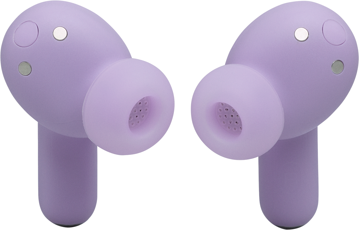 Due auricolari lavanda con accenti argentati su sfondo nero.