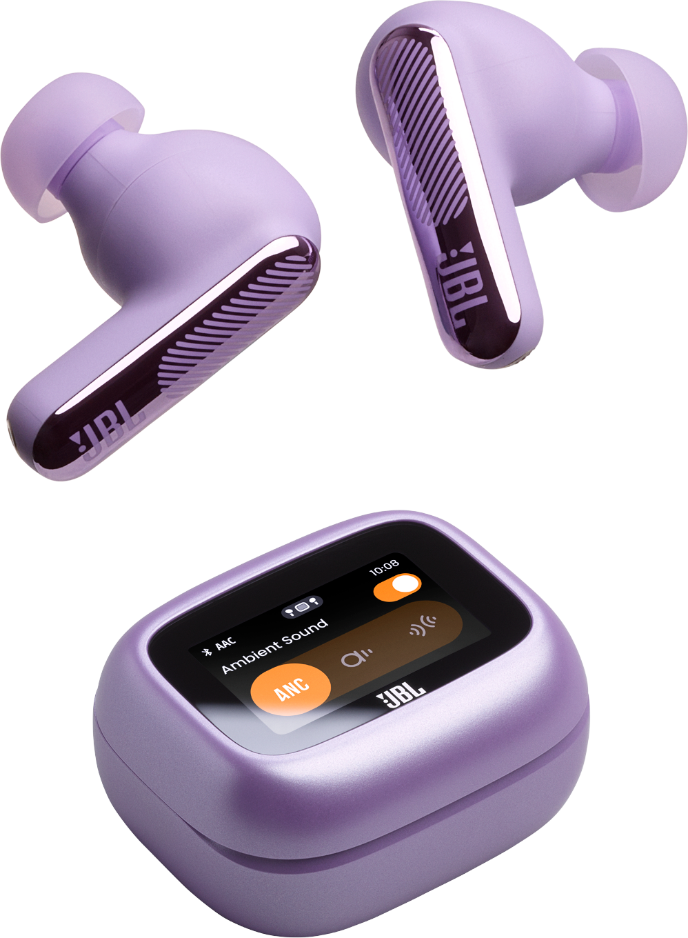 Auricolari JBL viola e custodia di ricarica con schermo.