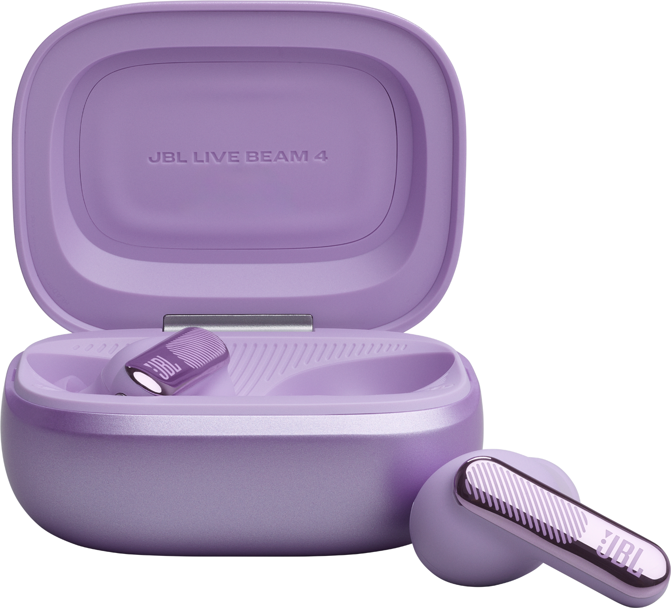 Auricolari JBL Live Beam 4 viola con custodia di ricarica aperta e un auricolare accanto.