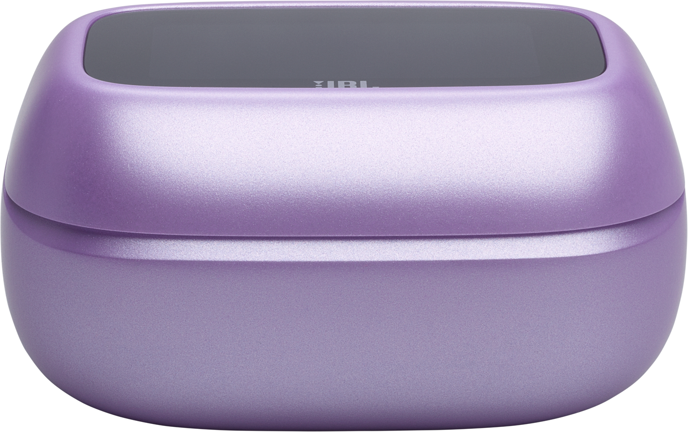 Custodia di ricarica per auricolari JBL viola chiusa, finitura opaca.