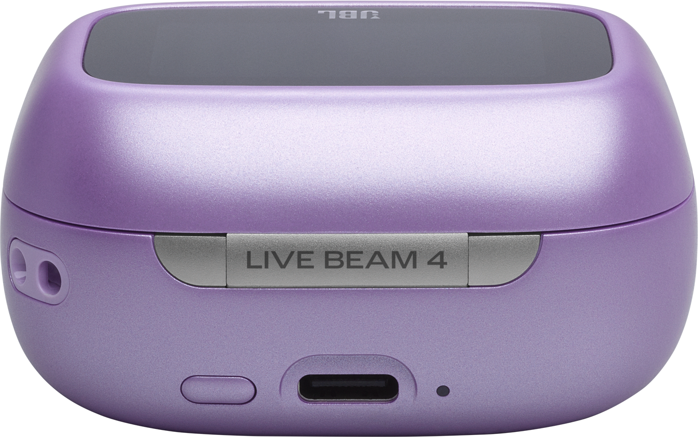 Custodia di ricarica viola JBL per auricolari con porta USB-C e scritta "LIVE BEAM 4".
