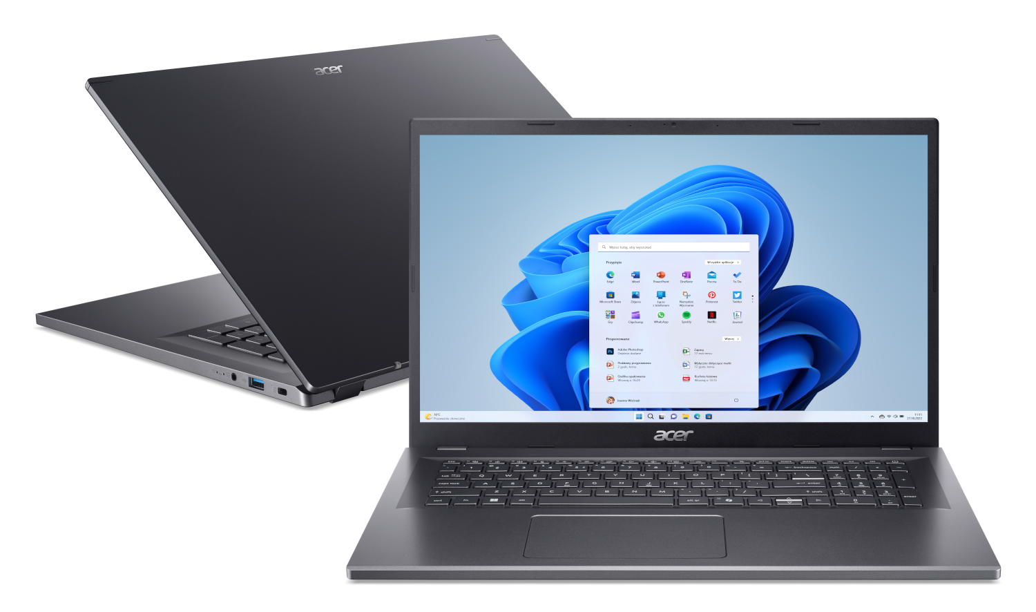 Ciemny laptop Acer z otwartym ekranem, wyświetlający menu Start systemu Windows 11.