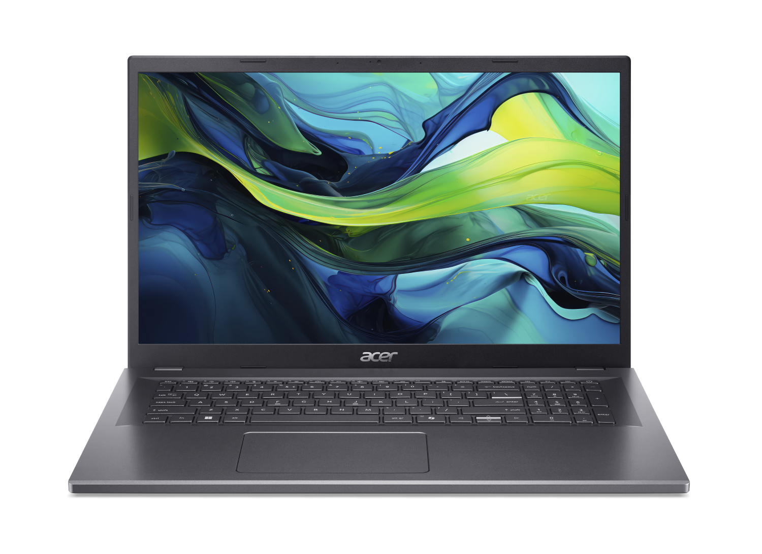 Otwarty laptop z abstrakcyjną tapetą na ekranie.