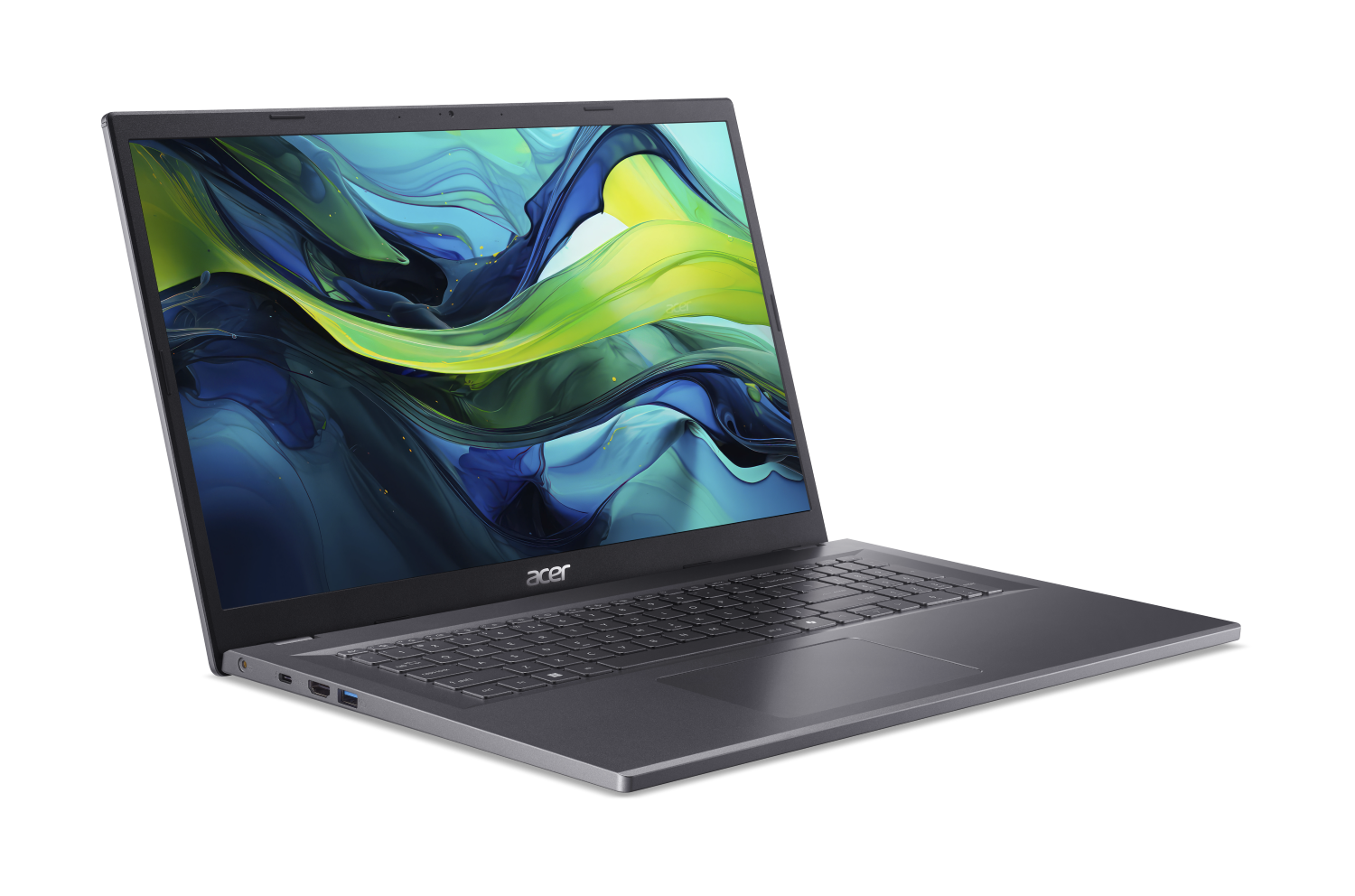 Szary laptop Acer z kolorową, abstrakcyjną tapetą na ekranie.