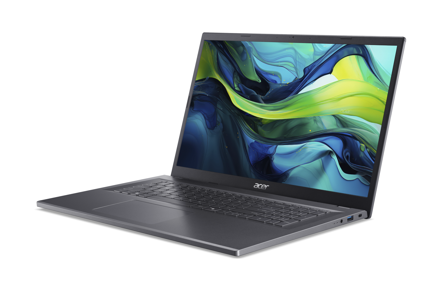 Otwarty, szary laptop Acer wyświetla kolorowe, abstrakcyjne tło na ekranie.