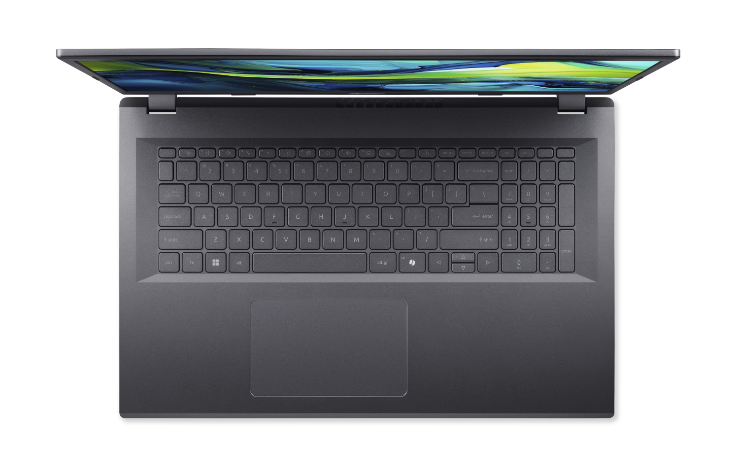 Szary laptop z góry z otwartym ekranem, wyświetlający abstrakcyjny wzór.