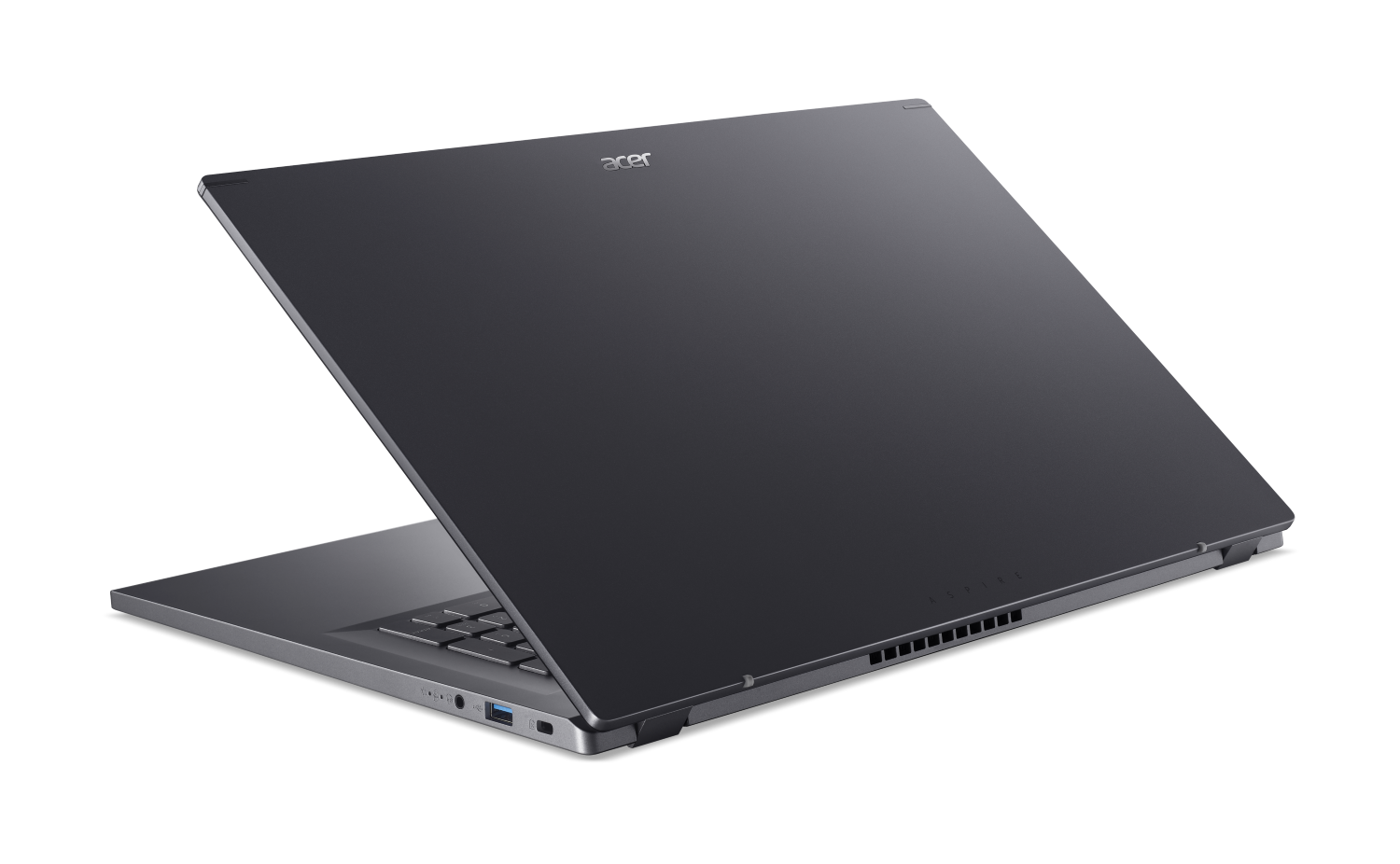 Ciemnoszary laptop Acer Aspire jest otwarty, widać klawiaturę i porty.