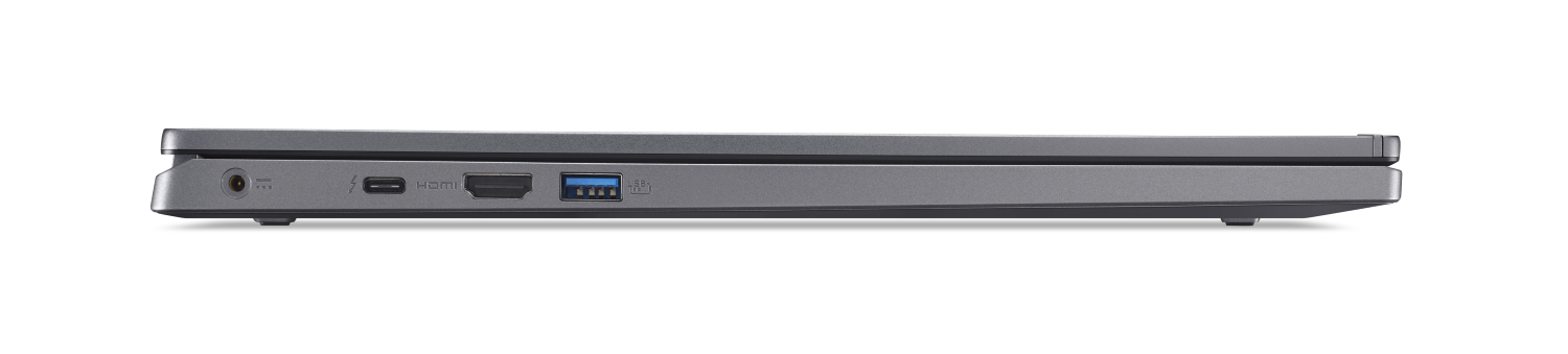 Szary bok laptopa z portami zasilania, thunderbolt, HDMI i USB.