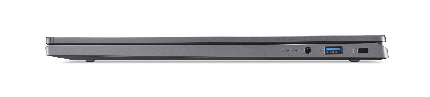 Szara strona laptopa z portem USB, gniazdem słuchawkowym i portem ładowania.