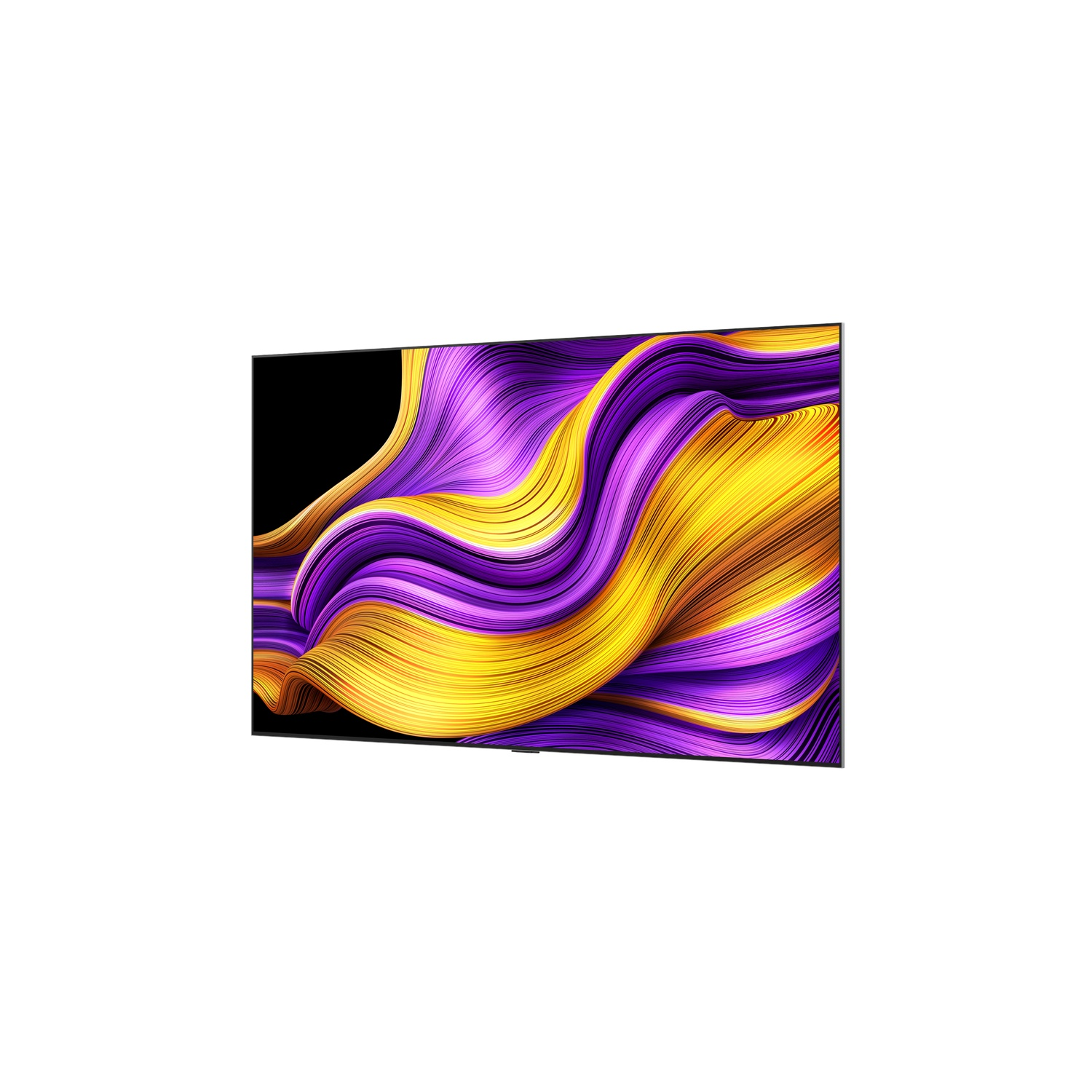 Een televisie met een abstract paars en geel golvend patroon op het scherm.