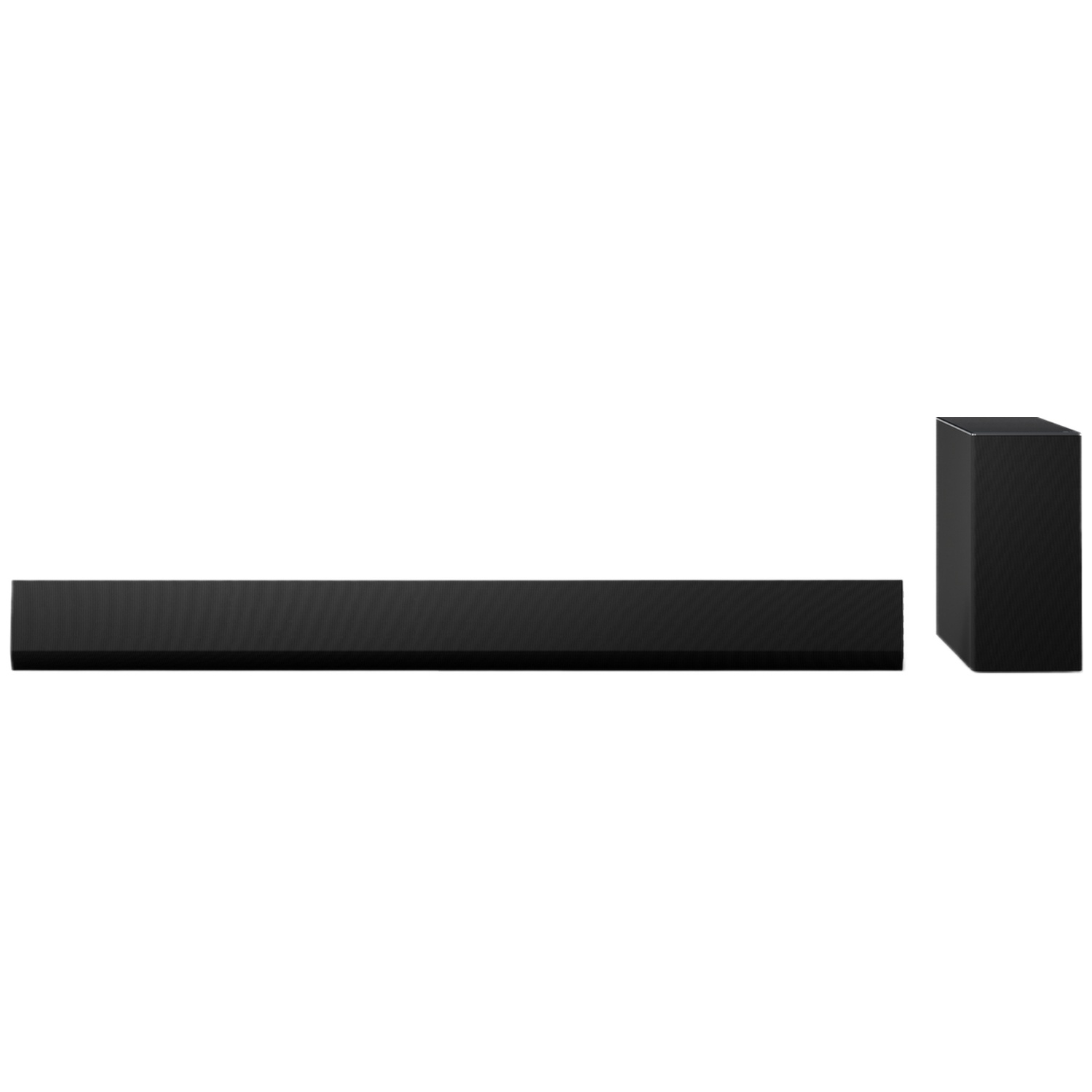 Zwarte rechthoekige soundbar en subwoofer op witte achtergrond.
