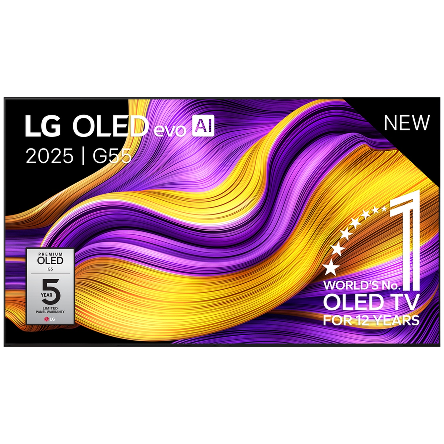 LG OLED evo AI 2025 G55 TV met paars en geel patroon. Nieuw.