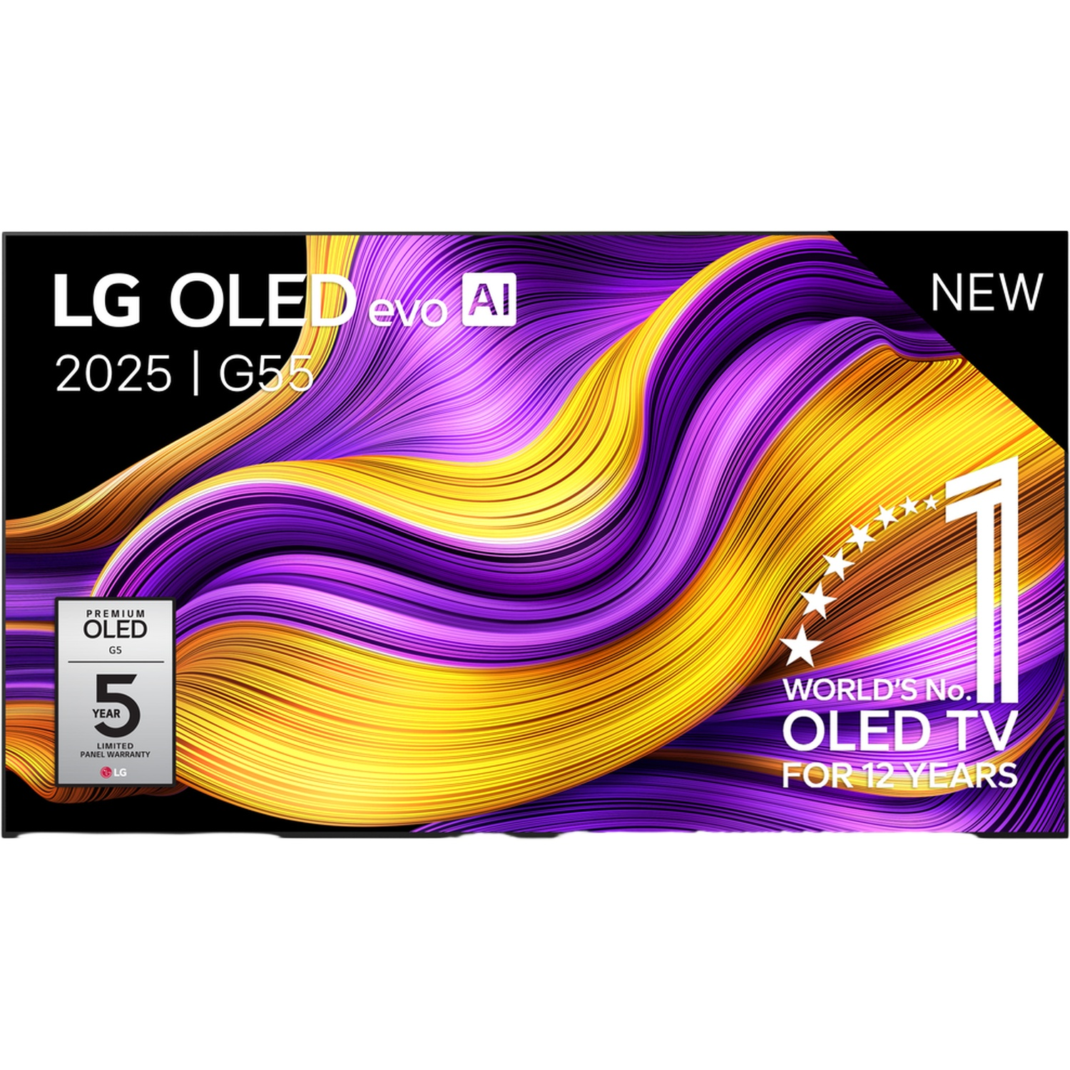 LG OLED evo AI TV 2025 G55 met paars en geel abstract scherm.