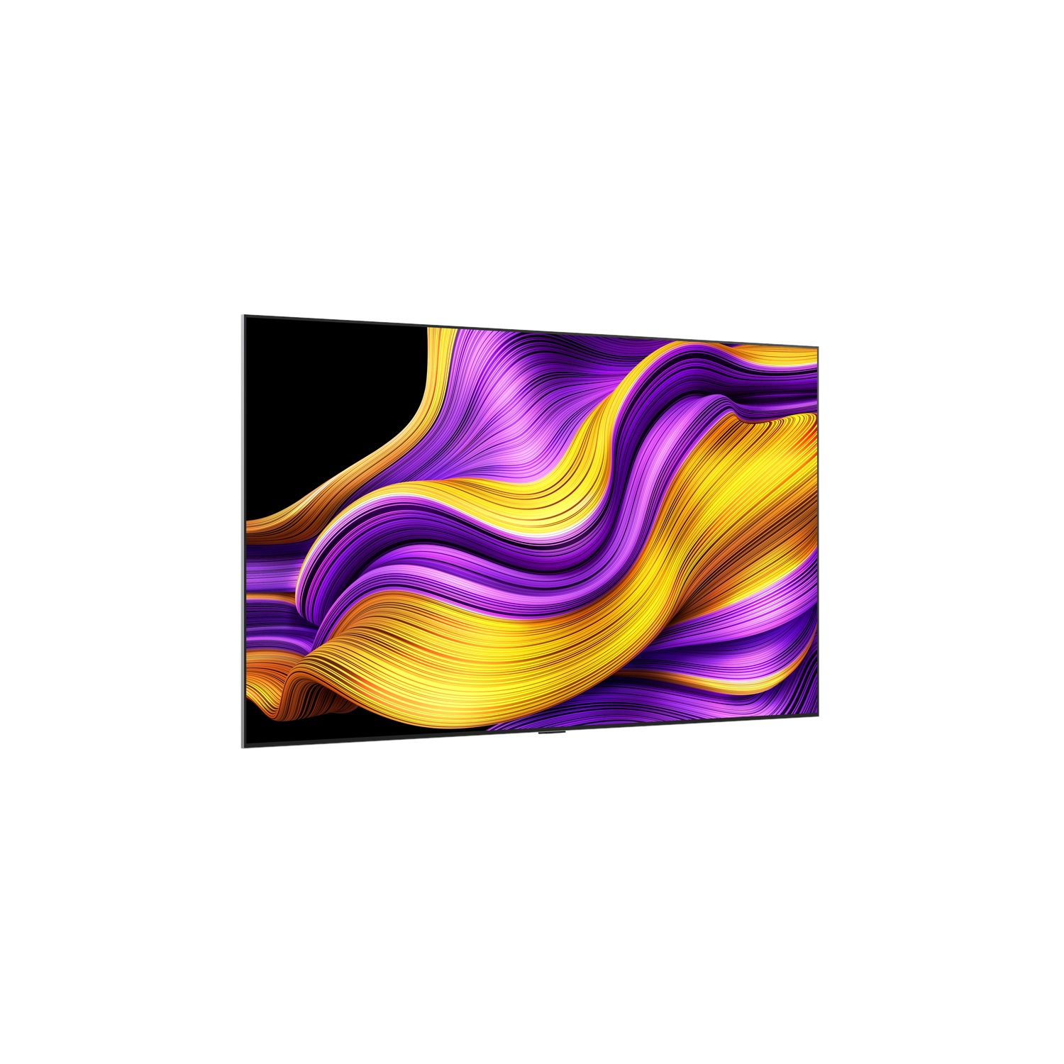 Een moderne tv toont een abstracte grafiek van paarse en gele golven.