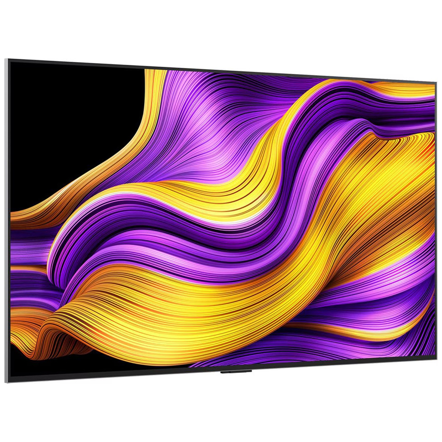 Een moderne televisie met een abstracte weergave van paarse en gele golven.