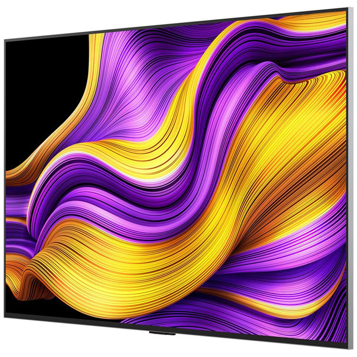 Een moderne tv toont een abstracte, vloeiende animatie in paarse en gele tinten.