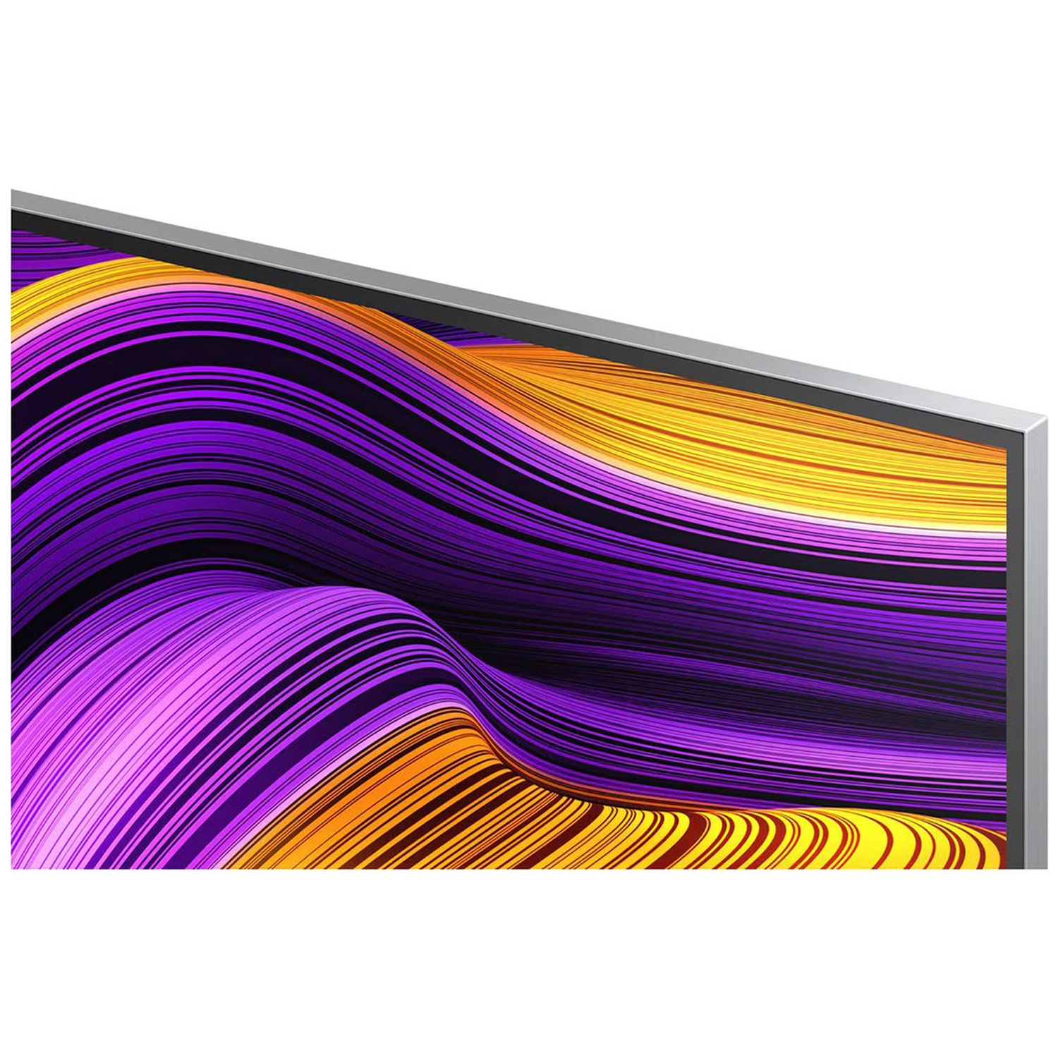 Een moderne televisie met een abstract paars en geel golvend patroon op het scherm.