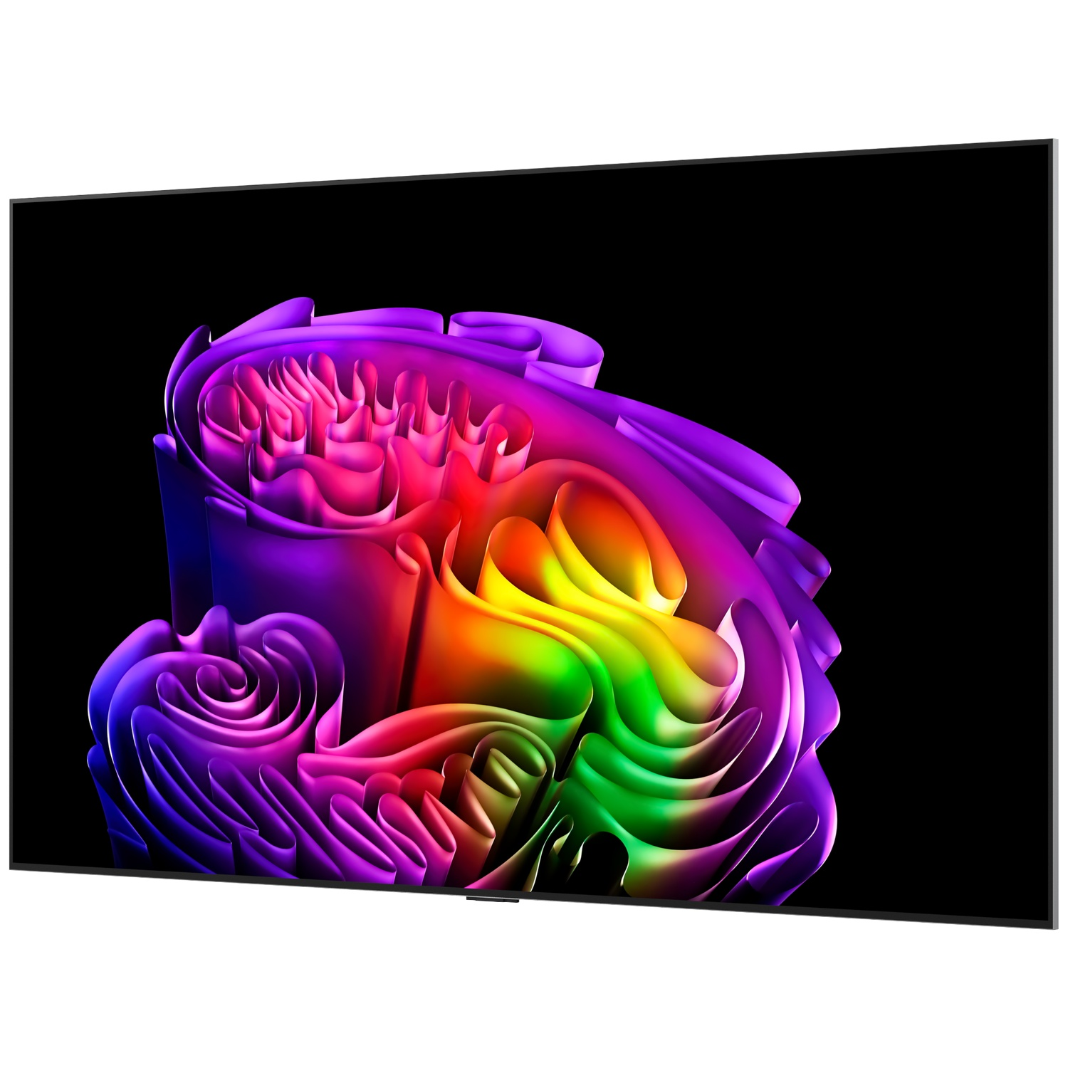Une TV moderne affiche un design abstrait coloré semblable à une rose sur fond noir.