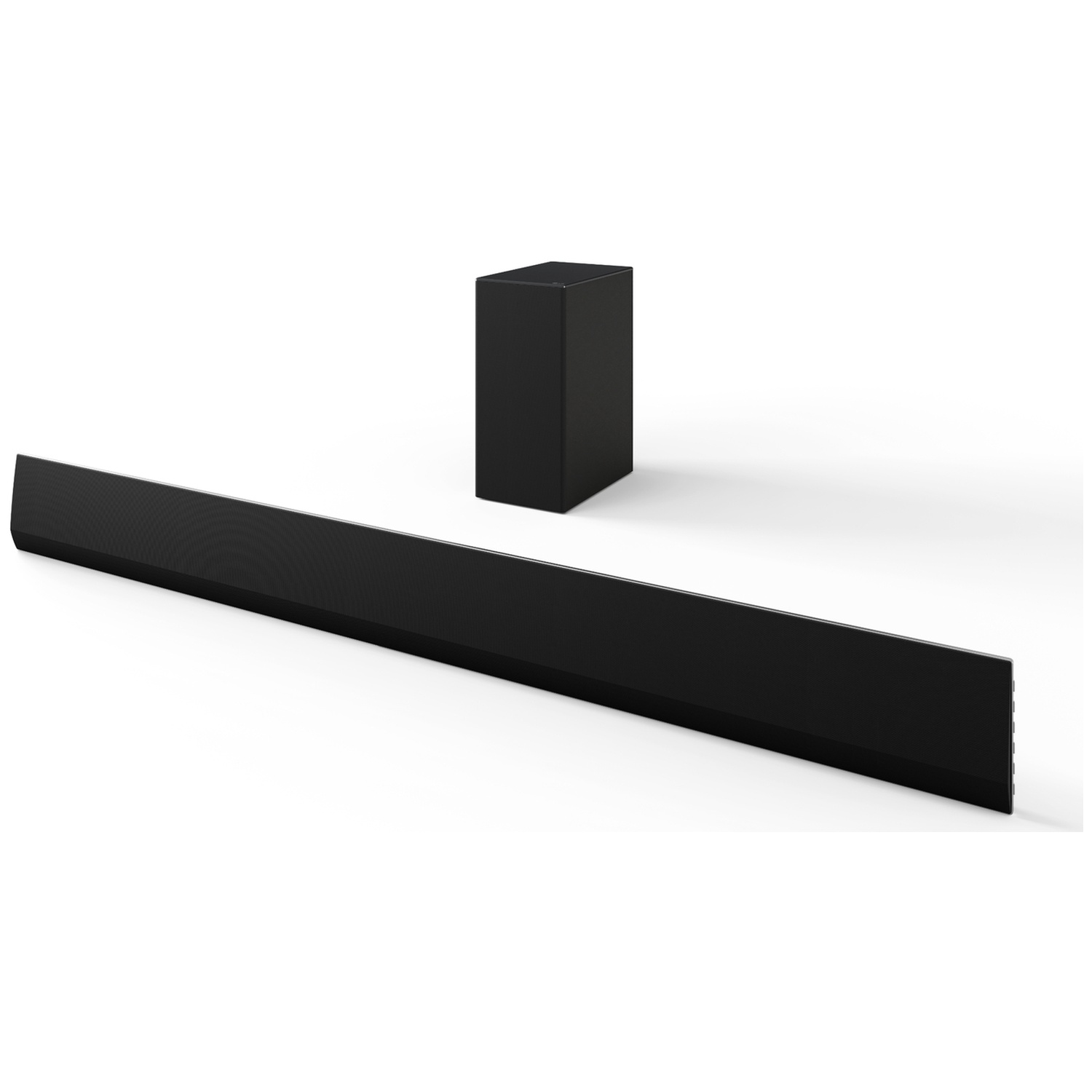 Een zwarte, slanke soundbar en een zwarte kubus subwoofer.